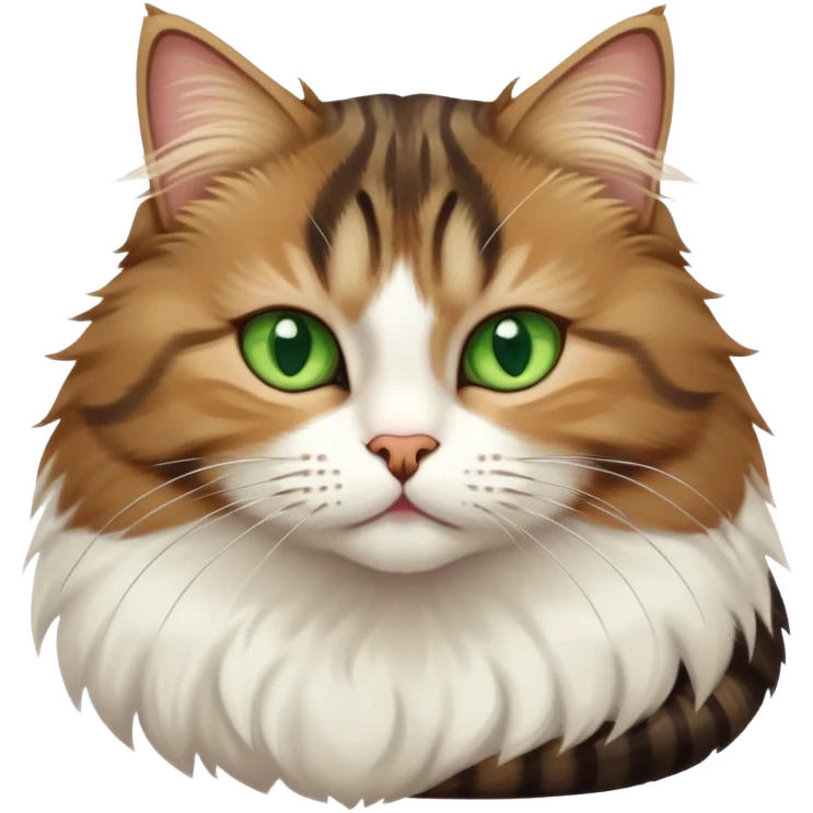 Brown, white, and black tabby cat with green eyes sitting to show its white belly, cute facial expression emoji