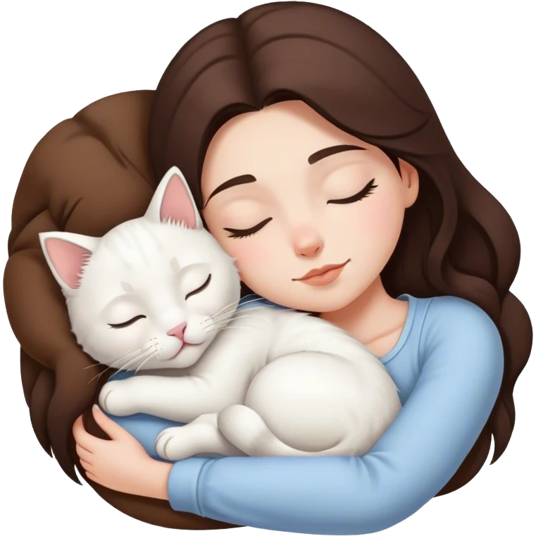 White kitty sleeping on brunette white girl's lap emoji
