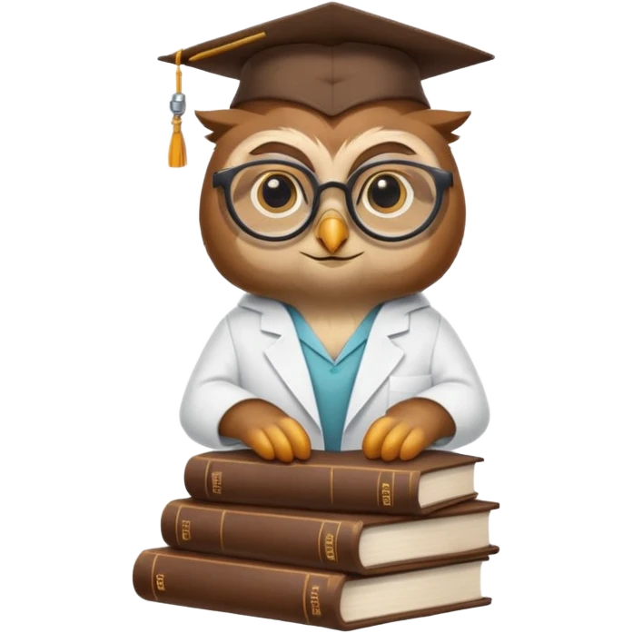 Wise owl with glasses, wearing a lab coat, perched on a stack of books. emoji