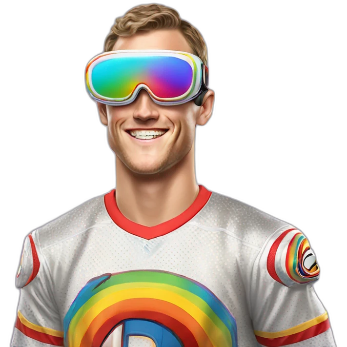 Fancy disco Jonathan Toews wearing rainbow lace shirt and wearing VR glasses and eating a moon pie emoji