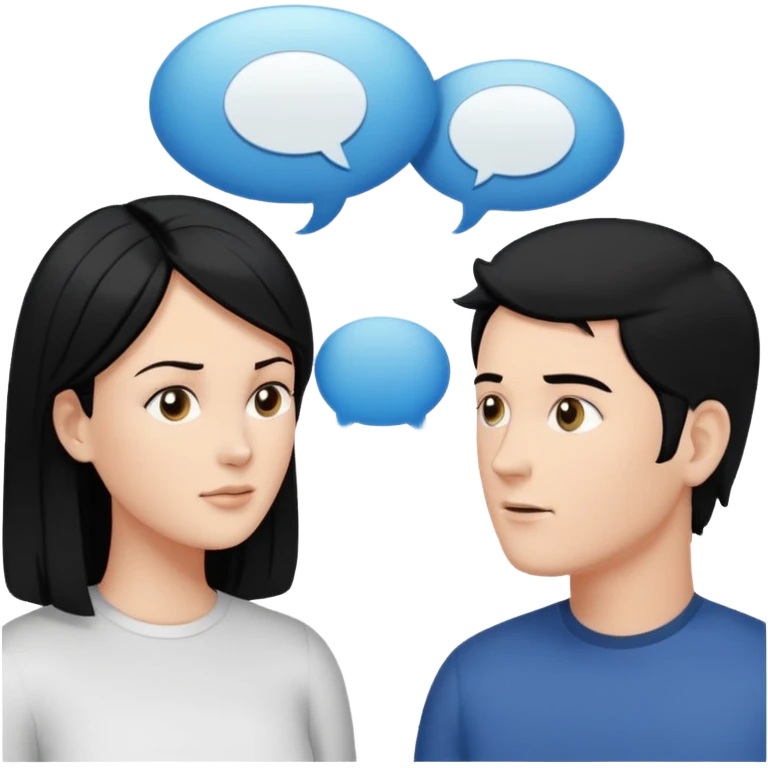 a person chatting up another person, one white male with black hair, one white woman facing each other talking with strictly white speech bubbles above their head,  emoji