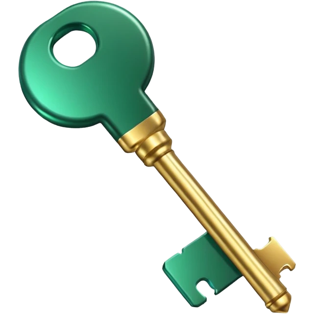 3D key icon with subtle glow effect, modern glossy style, deep green (#0B3D2C) and gold (#C9B037), elegant and minimal, transparent background, premium render emoji