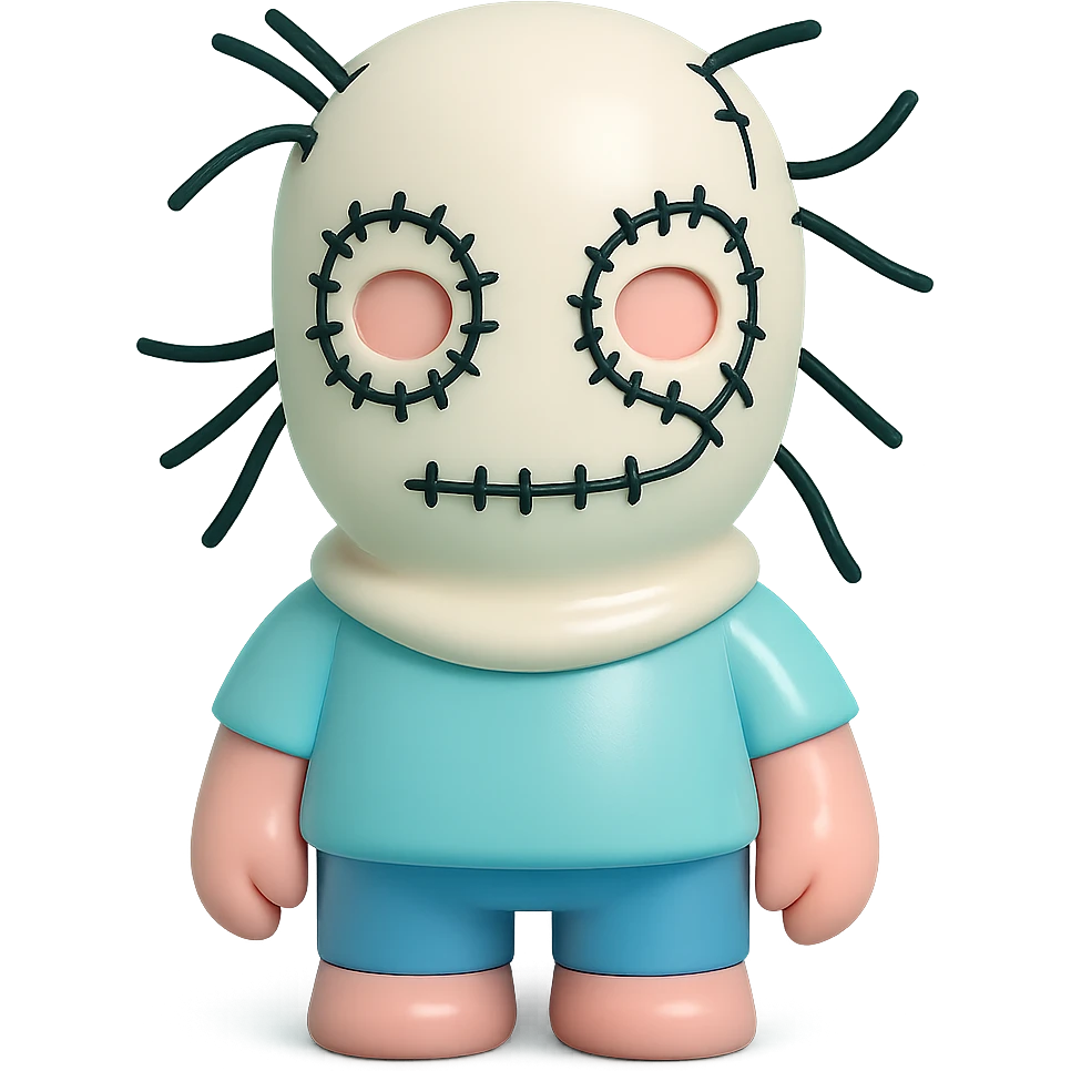 The mask is made of thick, white knitted fabric that fully covers the head and neck. It features irregular black stitching that outlines the eye and mouth areas, creating an abstract, hand-drawn effect. Several black cords or threads extend outward from the mask, adding a textured, chaotic look. The eye openings are partially exposed, allowing visibility, while the mouth area remains mostly covered. The overall construction appears handcrafted, with visible seams and uneven lines contributing to a rough, deconstructed aesthetic. emoji