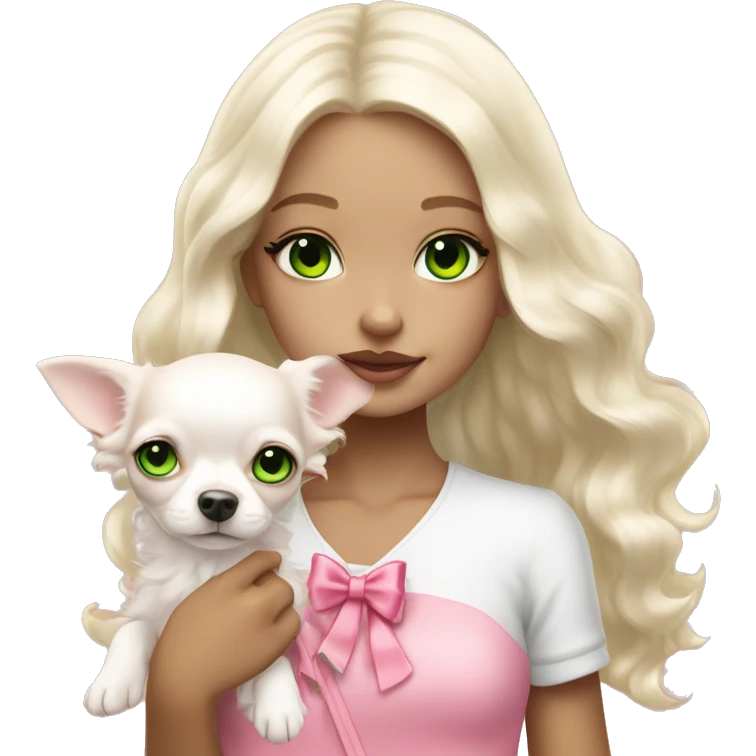 pale blond yt girl with wavy long platinum white hair with bright green eyes holding a white chihuahua puppy that wearing a pink bow emoji