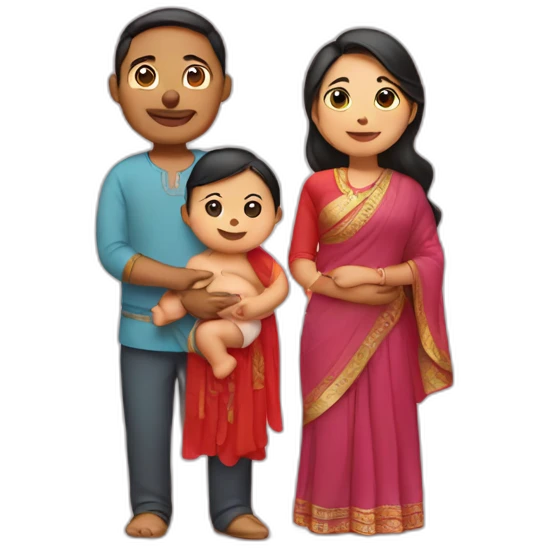 Indian and Chinese couple with baby emoji