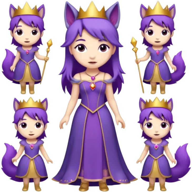 A collection of twelve chibi-style illustrations of a cute princess wearing a purple dress and crown with purple hair and purple wolf ears and purple wolf tail character. Each square shows the character doing different things against a white background And make a gap between each illusion emoji