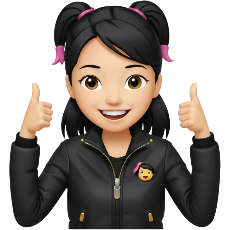 A girl with a pony tail black hair and Asian tan skin, Asian eyes, with a black jacket and a black purse, laughing with arms crossed giving a thumbs up  emoji