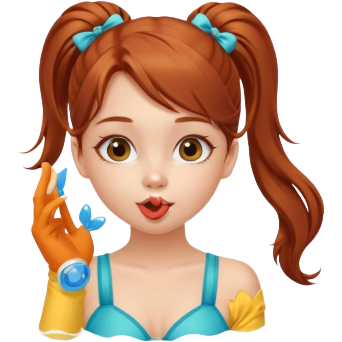 A cute ukrainian girl, with long auburn hair two side ponytails, in a bathing costume, she's blowing a kiss. emoji