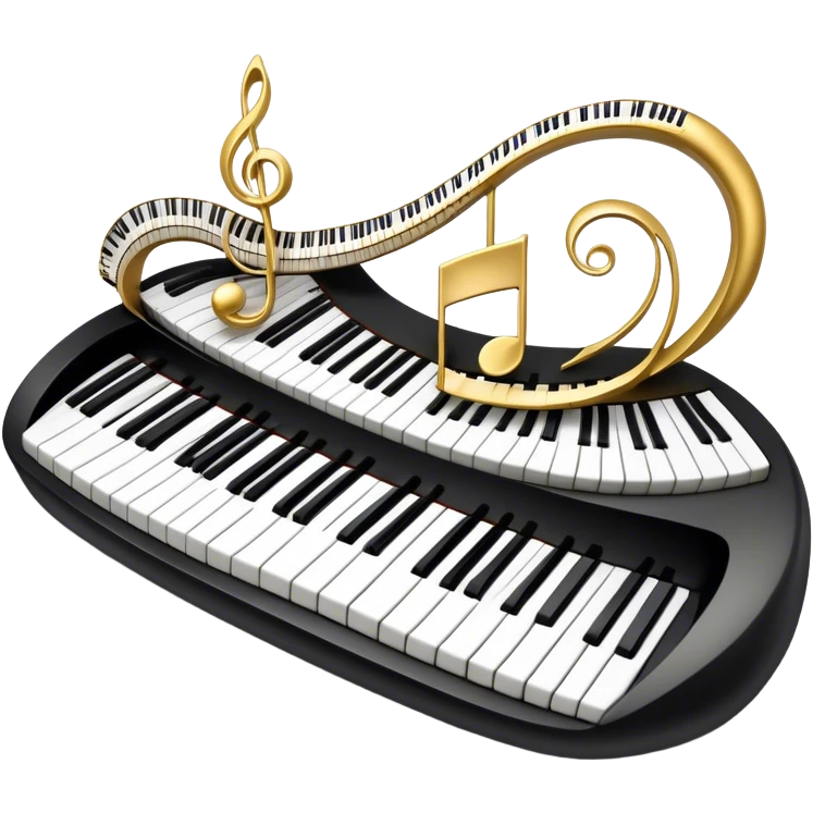 Create an elegant and festive emoji collage representing keyboard instruments, styled like a heraldic emblem. The design should feature a central focal point of black and white piano keys, arranged in a semi-circular or shield-like shape. Around the piano keys, add intertwining musical notes that form flowing ribbons, creating a dynamic and celebratory atmosphere. The design should be professional, with polished silver and gold accents on the keys and notes, highlighting the luxury and sophistication of the instruments. Add subtle shading and lighting effects to give the design a refined, 3D appearance. The background should remain transparent, and the overall feel should evoke grandeur, artistry, and a sense of celebration. emoji