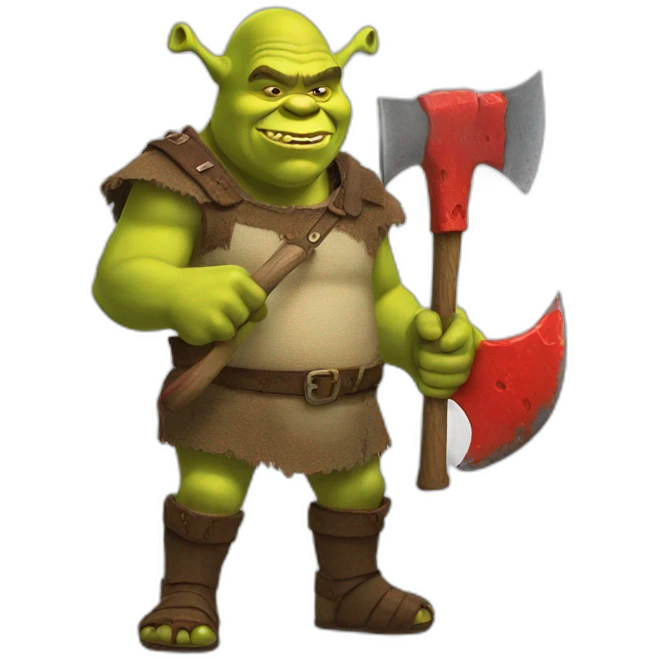 Shrek holding a axe with red slime on it emoji