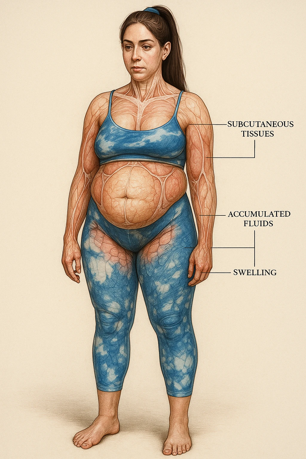Realistic anatomical illustration of a woman in sportswear inspired by the reference photo, showing water retention and swelling in the abdomen and hips. Highlight subcutaneous tissues and fluids in an anatomical style with a neutral background. emoji