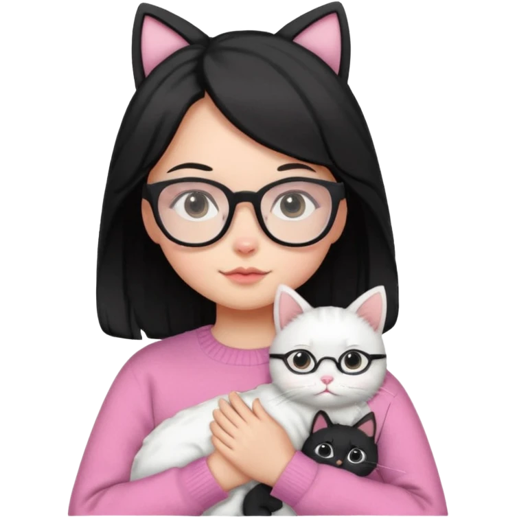 a girl with a black wavey hair, wearing a pink sweater and glasses, holding a cute white cat, only upper body emoji