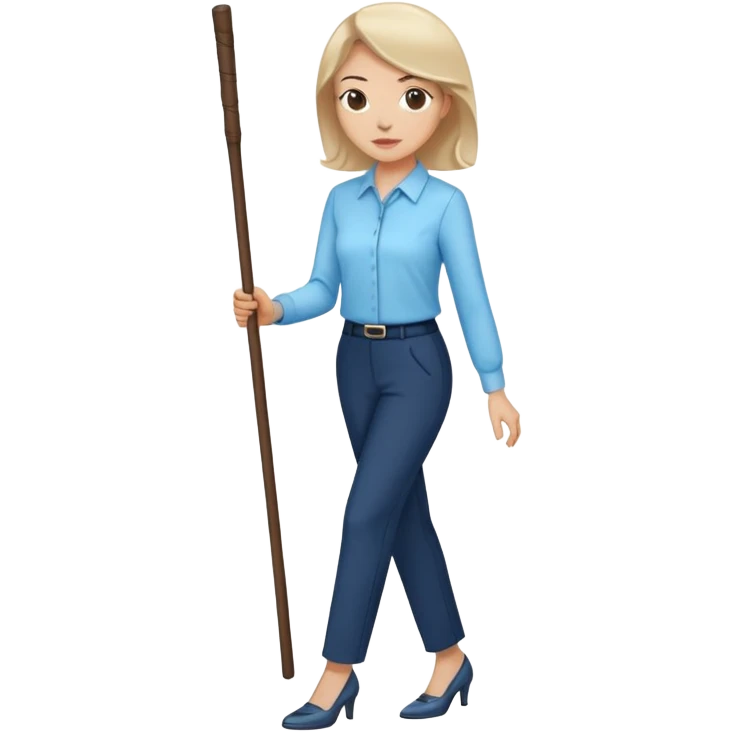 female smart light blue blouse, dark trousers, shoes. one hand holding a stick emoji