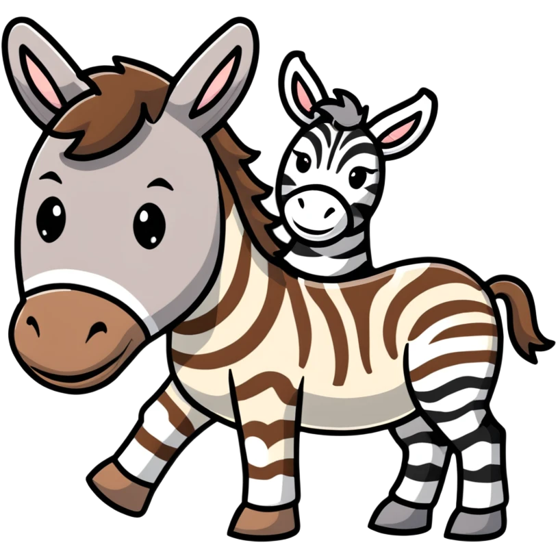 A donkey with a zebra head, donkey body with brown fur and zebra head with black and white stripes emoji