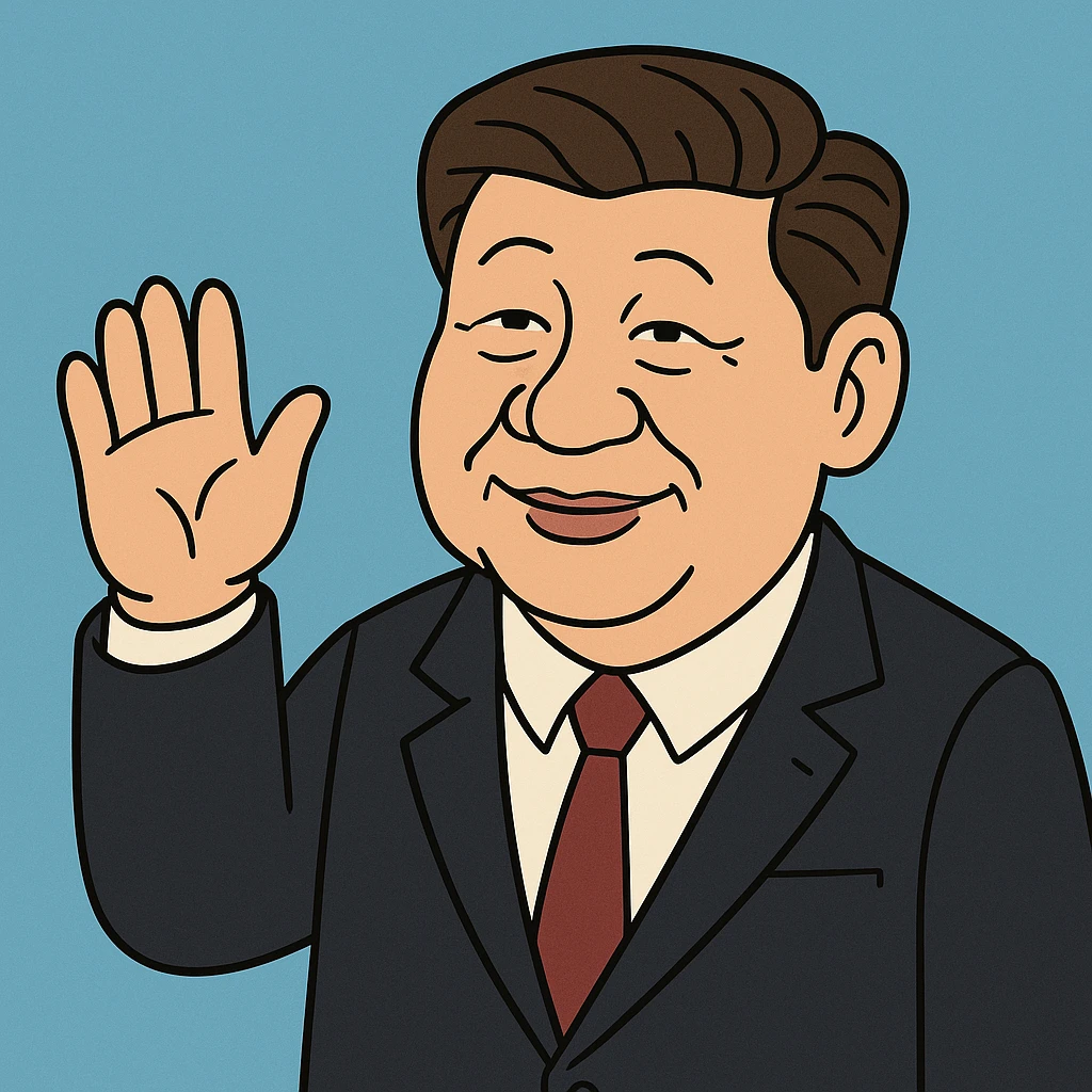 Xi Jinping, waving hand, blue background, flat toon style emoji