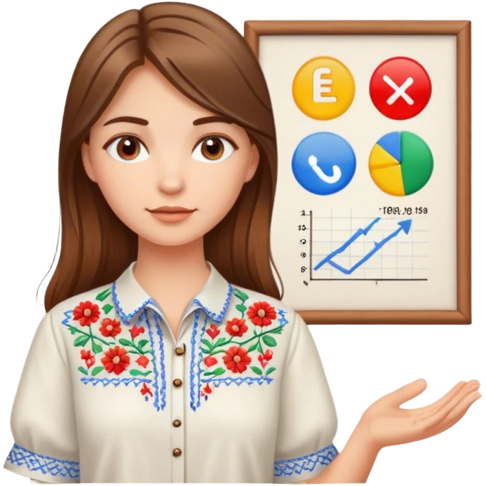 A Ukrainian girl with brown hair in an embroidered shirt holds a diagram emoji