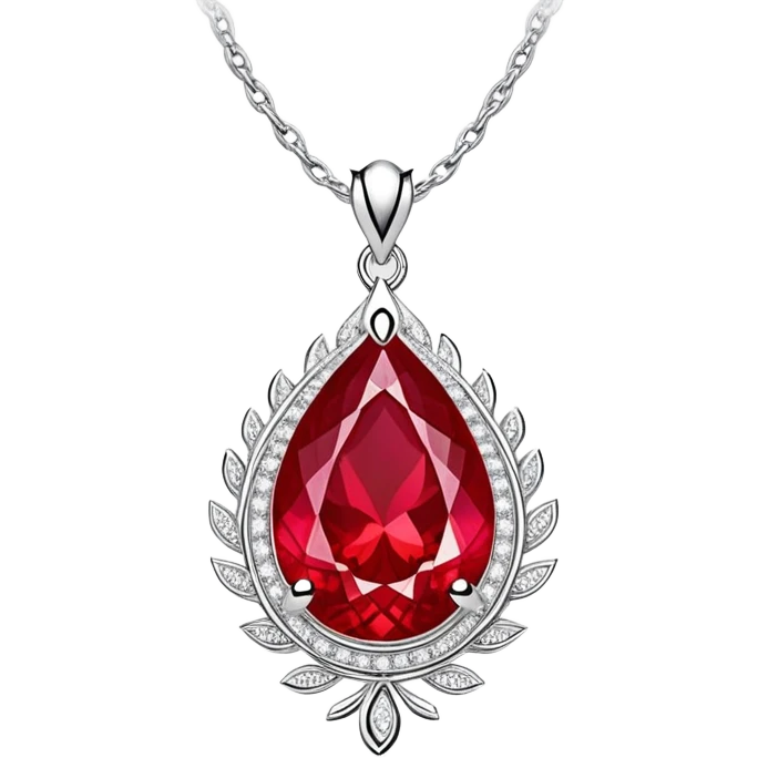 teardrop ruby pendant with fiery light, tiny phoenix feather emerging, haloed by shimmering white stones, silver chain like liquid moonlight emoji