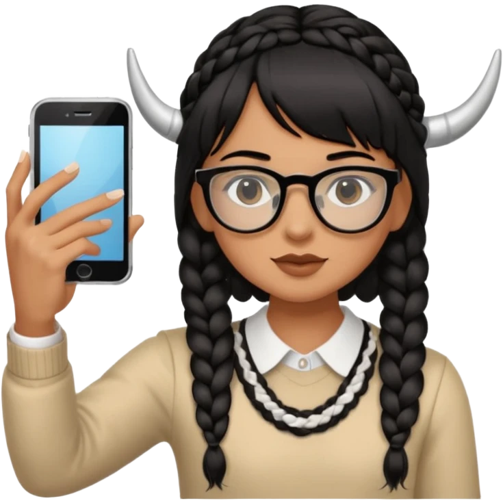 He has braid bangs on one side of his black hair, and he's wearing horn-rimmed glasses and taking a mirror selfie with his iPhone white color emoji