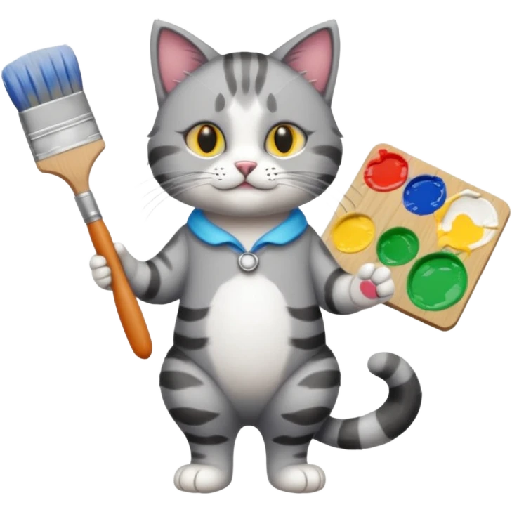 A full body cat holding brushes and a colour pallete because he is an artist emoji