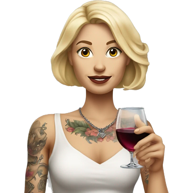 Create a hyper-realistic emoji of a blonde woman with elegant features. She has a body covered in tattoos, holding a glass of wine in one hand, while pointing forward with her other hand. emoji