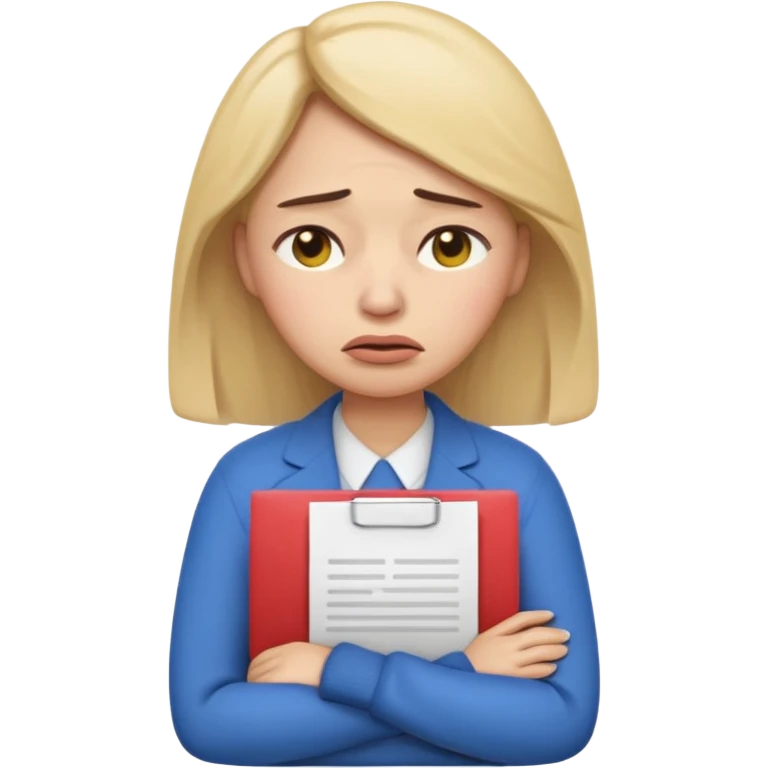  emoji character wearing a interview clothoes. face has a very sad crying, disappointed expression with drooping eyebrows and half-closed eyes. posture is dejected, with slumped shoulders. just rejected from  interview to get a job, holding CV. dont make it old person and make it woman. emoji