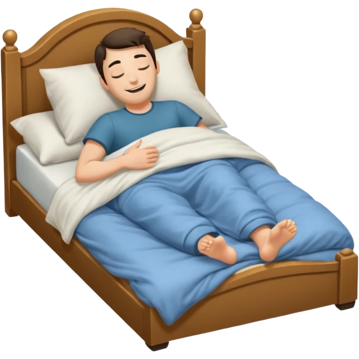 A man in bed laying down under covers kicking feet in air because so excited to sleep. Eyes are closed and he is smiling. Arms down and put him under covers but show feet. emoji