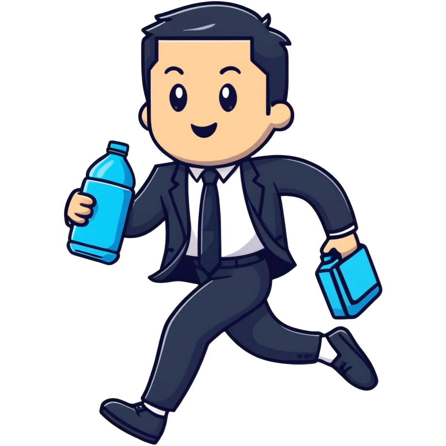 Businessman running a marathon in a suit with a water cooler emoji