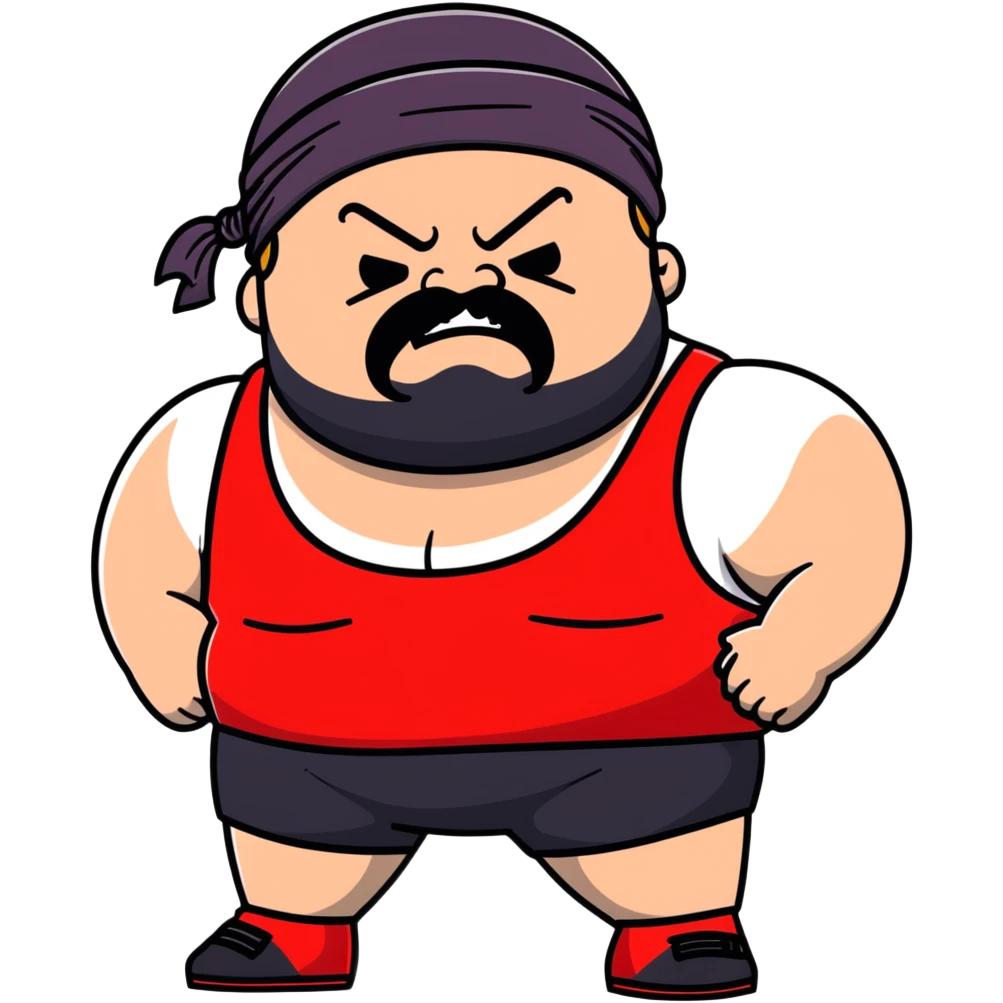 Close-up of morbidly obese white skin guy with young face, prominent BLACK DURAG tied clearly on head, distinct black beard and mustache, no muscle, black eyes in a red and black wrestling singlet with angry face emoji