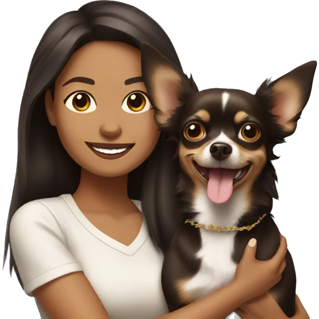light skin woman with long dark brown hair expressing joy alongside a chihuahua emoji