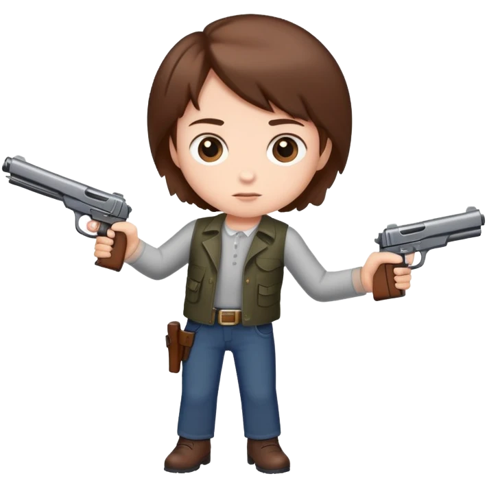 Short kid with brown hair with a gun emoji