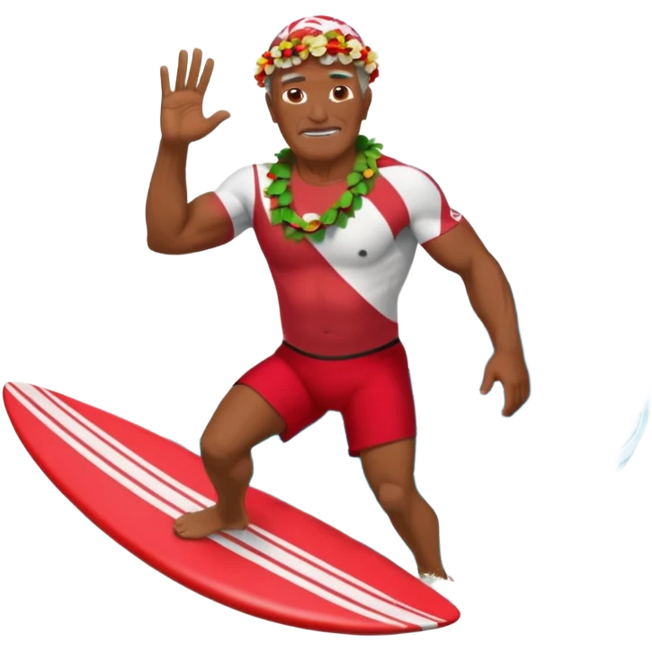 Dark muscular older Hawaiian surfer riding a big wave wearing red shorts a shell lei emoji