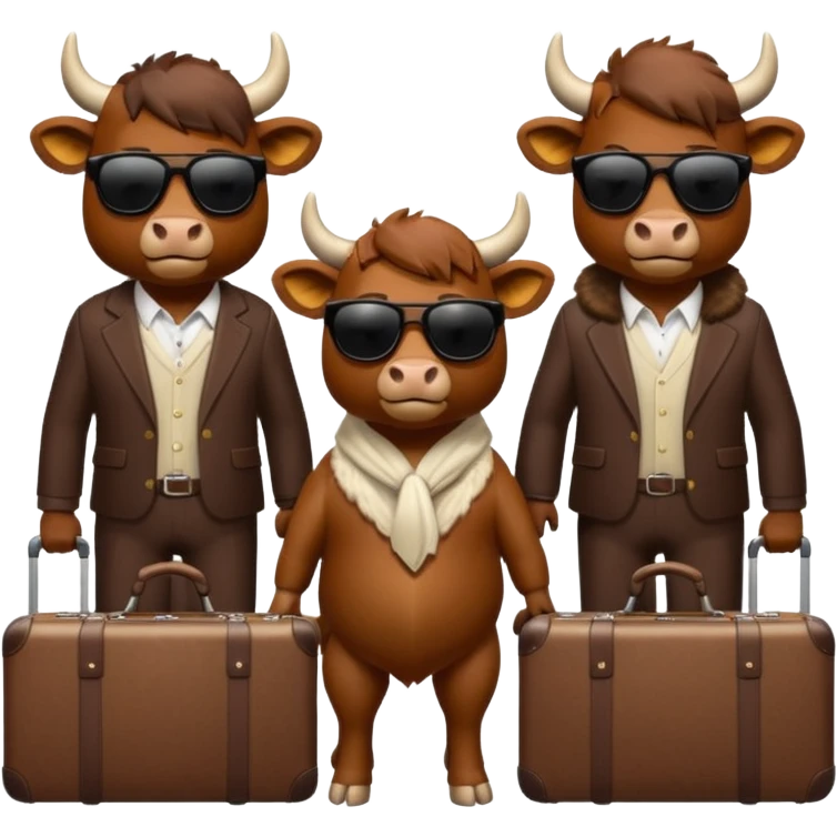 generate an emoji of a group of up to 8 male and female bulls travelling together on holidays. Include sunglasses and suitcases emoji
