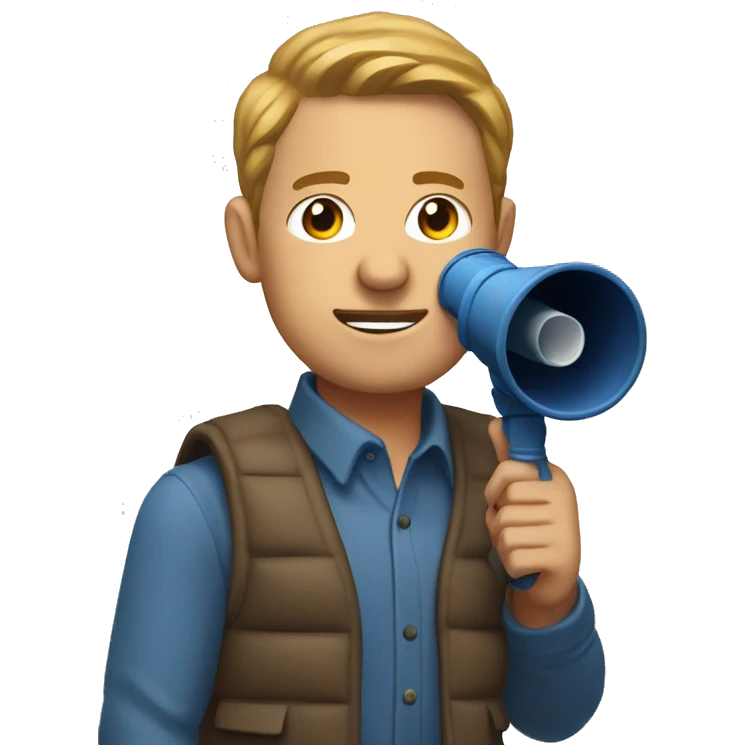 Finance bro with light brown short flow hair and puffer vest over blue shirt speaking into a megaphone emoji