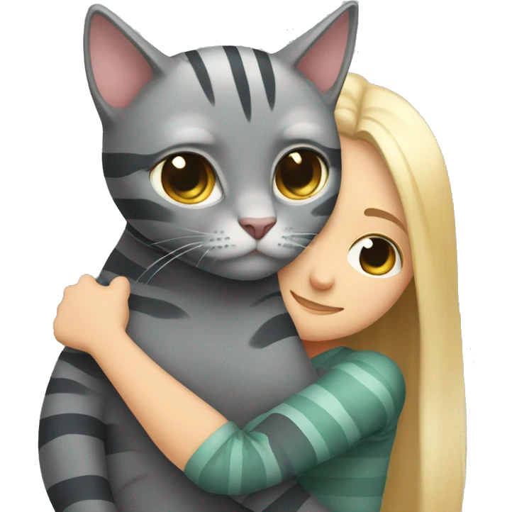 gray cat with dark gray stripes hugging a fair-haired girl emoji