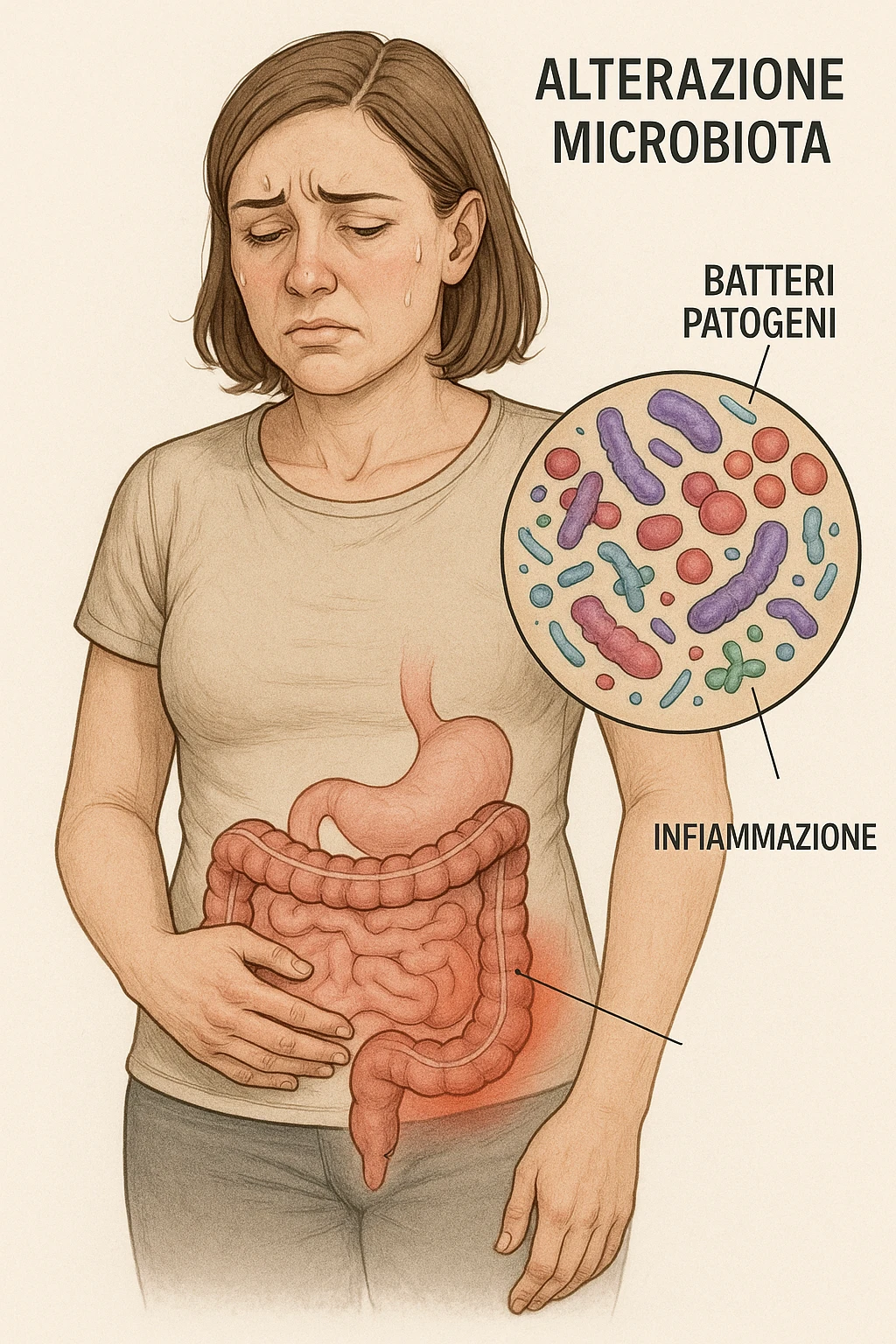 donna con alterazione del microbiota intestinale e molto specifica in italiano emoji