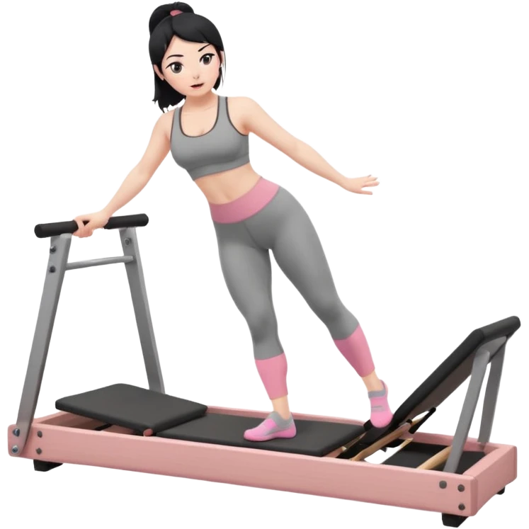 Create a Pilates emoji: a girl with fair skin and black hair, wearing a grey bra and grey leggings with pink pilates socks, exercising on a wooden reformer and not looking at the camera. Make the colors neutrals. emoji