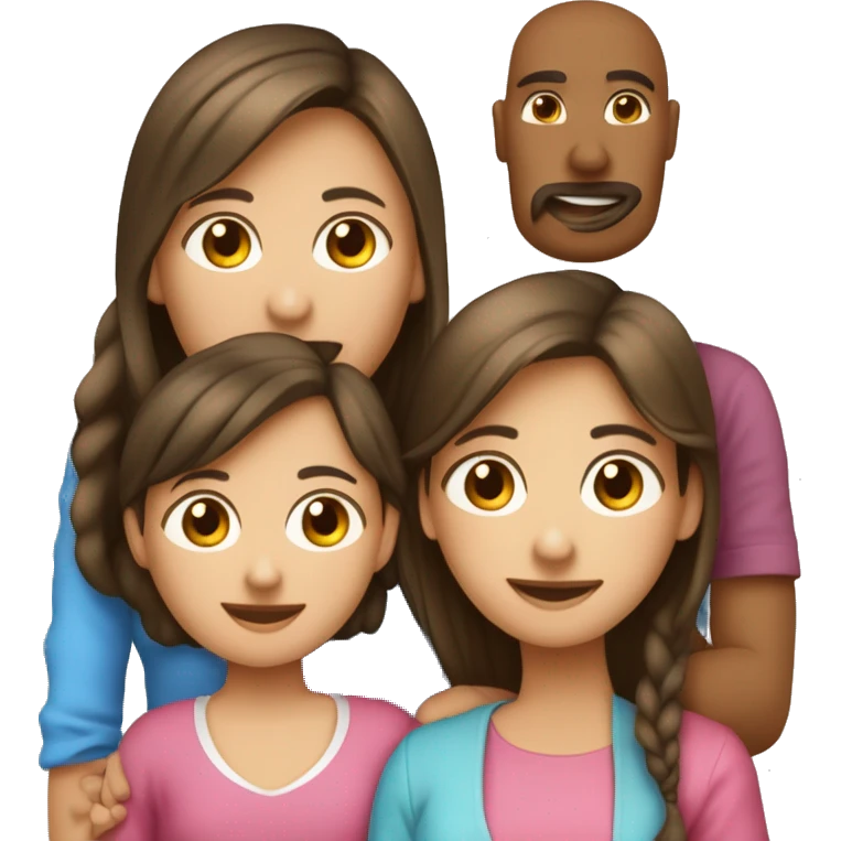 Familia de 5 personas papá pelo largo , mamá  y 3 hijas niña de 12 años niñas de 15 años y niña de 2 meses emoji
