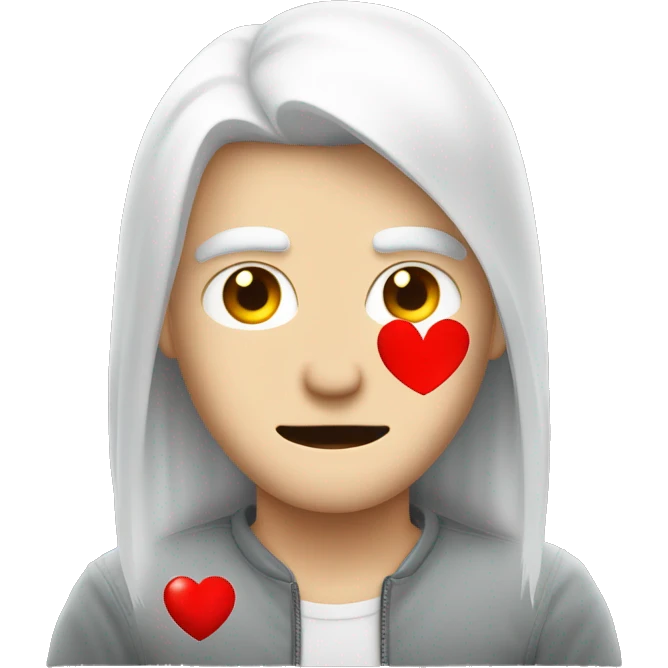 white hair medium long, young male, aggressive sharp face, holding red heart  emoji