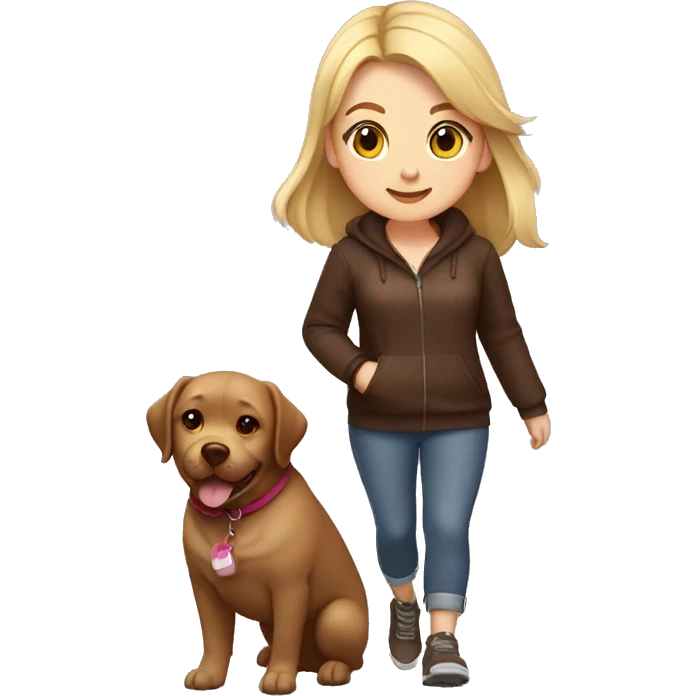 chubby girl with blond highlights in hair walking a chocolate labrador emoji