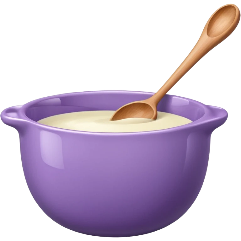 a lilac ceramic mixing bowl with a wooden spoon stirring emoji