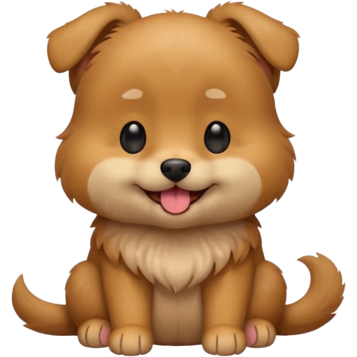 Cute small brown fluffy dog emoji icon. Round face, short muzzle, light brown fur with slightly darker ears, small black nose, happy smiling expression with tongue out. Soft friendly eyes, sitting pose with front paws together. Simple clean vector style, minimal details, kawaii style. emoji