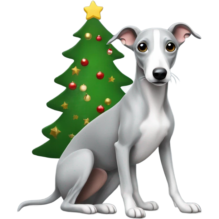 Christmas tree with a grey whippet sat by it emoji