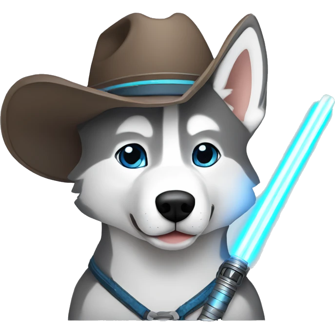 Gray Siberian Husky with blue eyes Jedi holding lightsaber cowboy hat  emoji