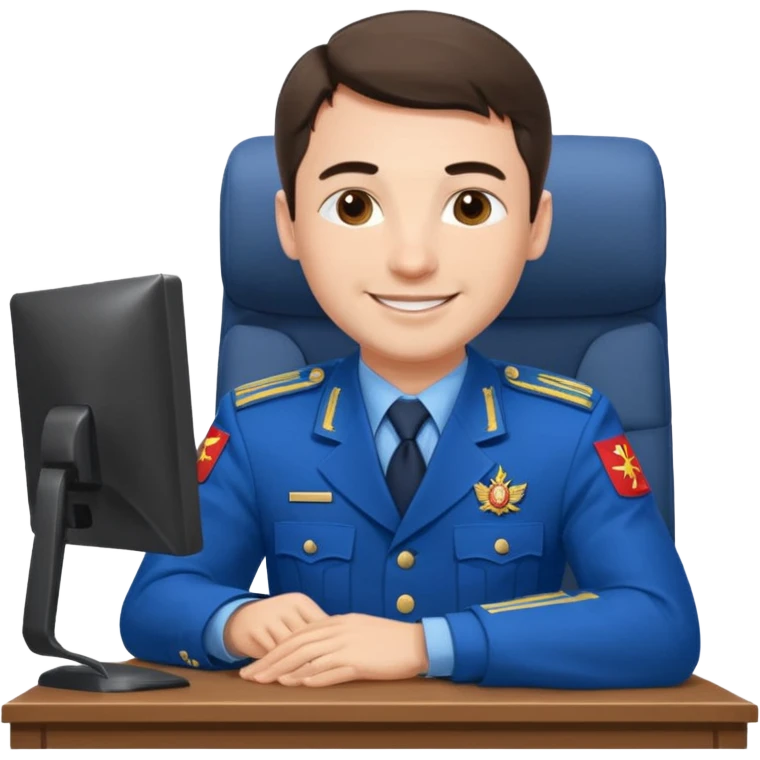 Мужчина в российской прокурорской форме, сидит за компьютером с улыбкой (синяя форма) emoji