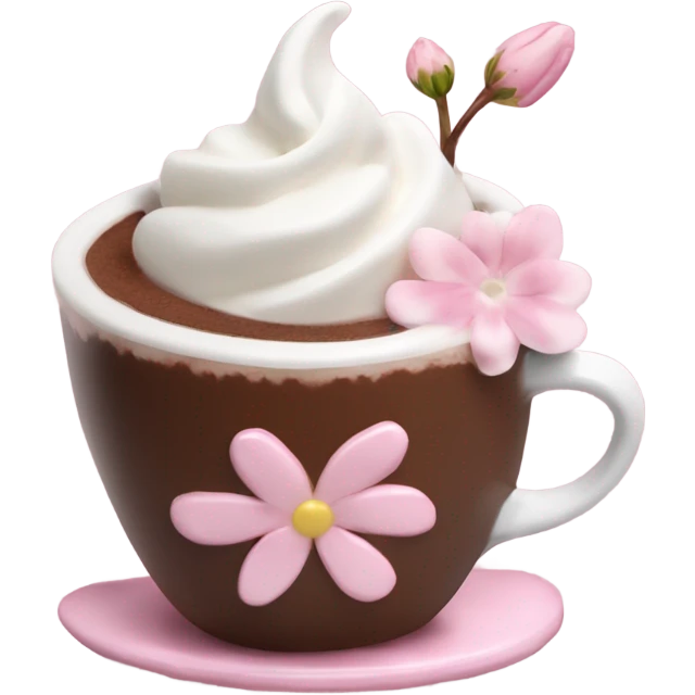 Hot chocolate with pale pink flower and whipped cream emoji