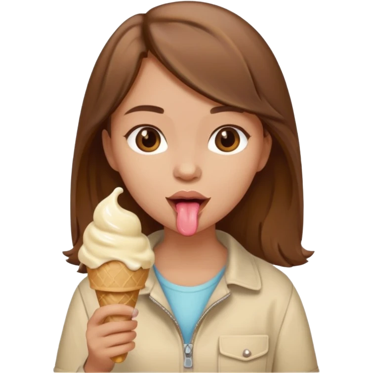 Un fille  brune au vêtement  beige qui mange une glace emoji