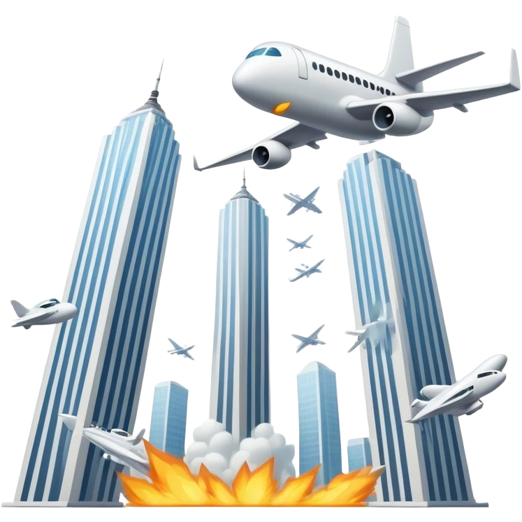 white plane crashing into 2 identical towers, plane comes from the left emoji