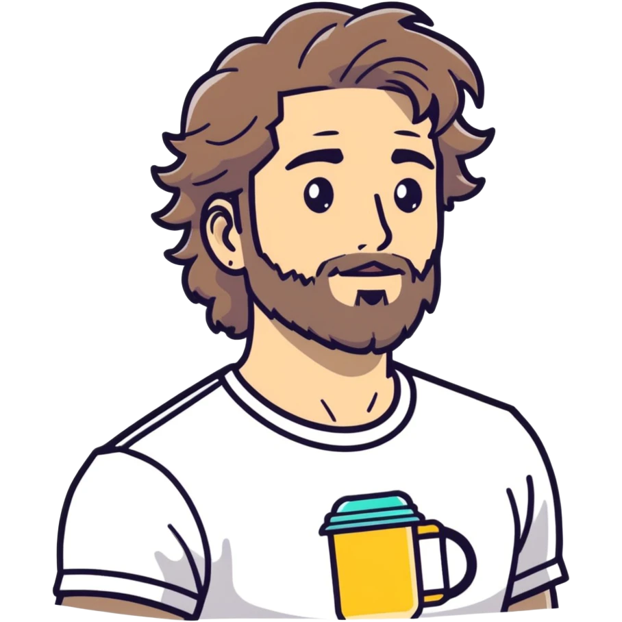 light skin man with a faded beard, wavy hair, and a mullet, wearing a t-shirt and AirPods, cartoonish sticker style emoji