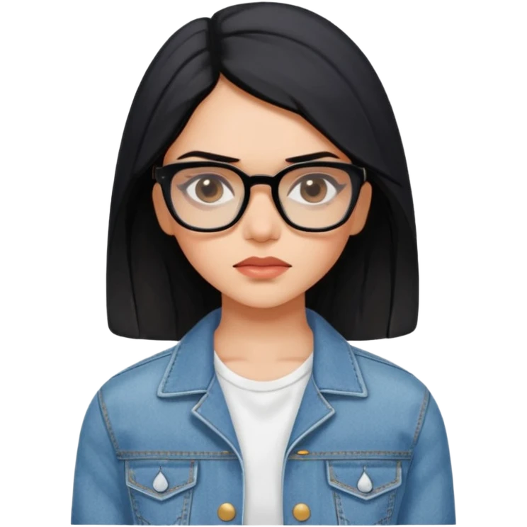 generate a pretty bratz emoji 
Make her wear a white dress with a denim jacket over it. black hair side part 

She should look exactly  like Deepika padukone! wearing tiny rectangular spectacle, looking sad emoji