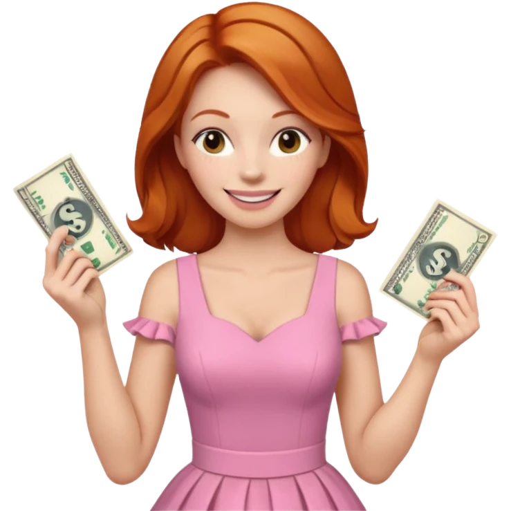 ginger hair Woman wearing pink dress holding dolar emoji